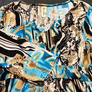 Shoreline Abstract Print Mini Dress Empire Waist Flowy 3/4 Sleeve EUC Boho Artsy